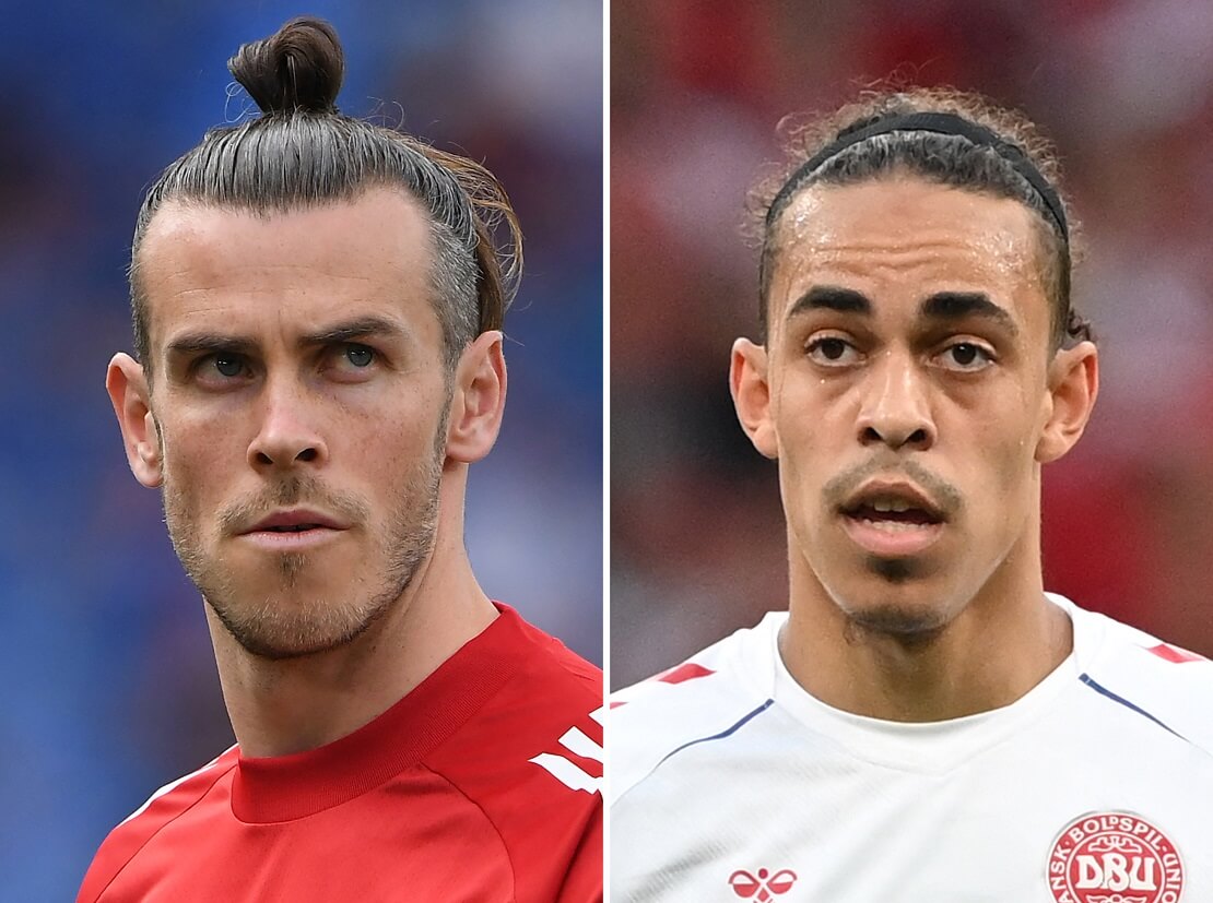 Collage mit Gareth Bale von Wales und Yussuf Poulsen von Dänemark