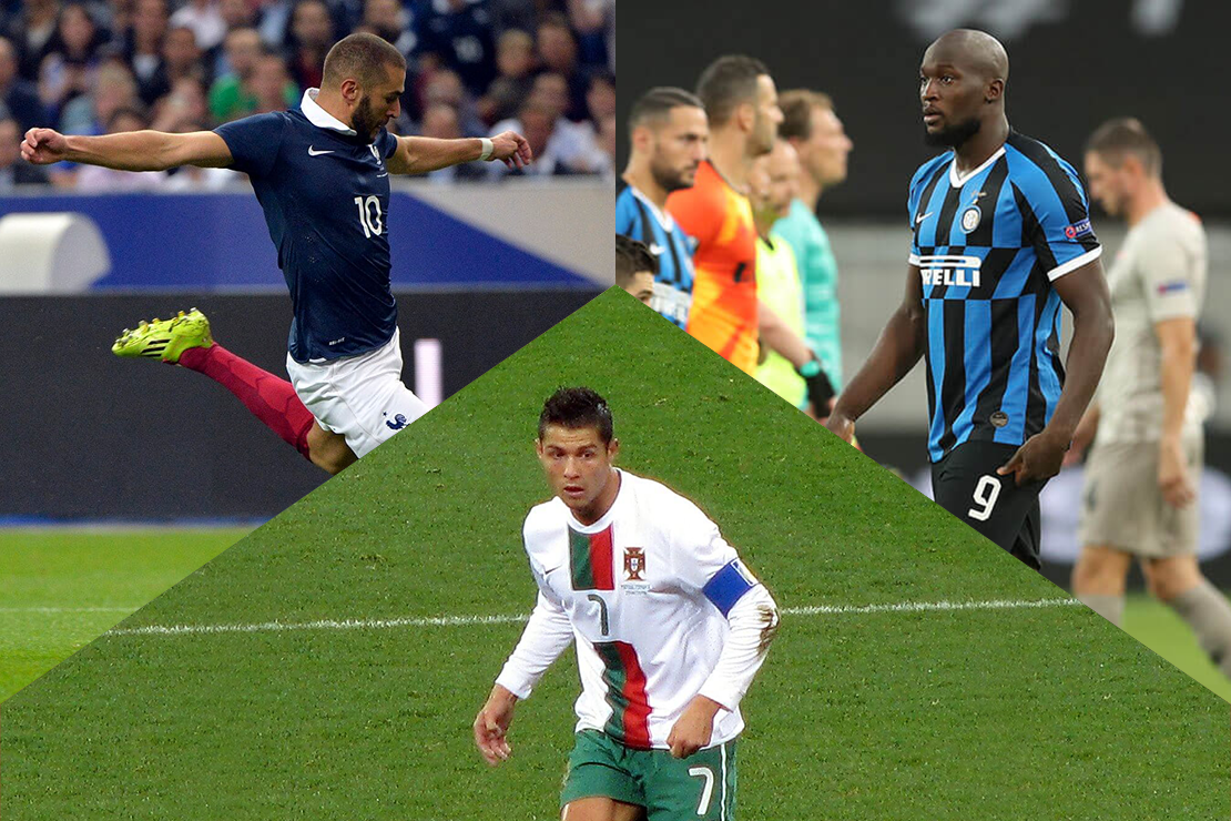 Collage mit Bildern von Ronaldo, Benzema und Lukaku