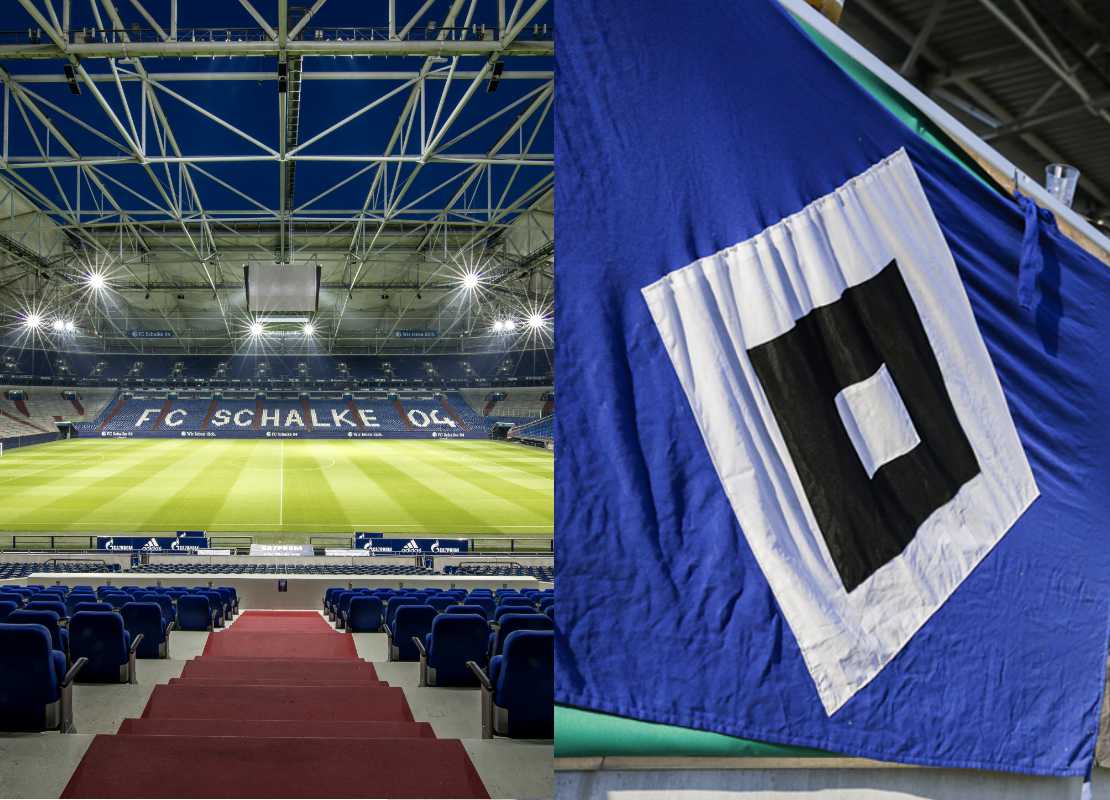 Links das leere Stadion von Schalke 04, rechts eine Flagge des HSV