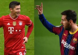 Splitscreen, links Lewandowski, rechts Messi