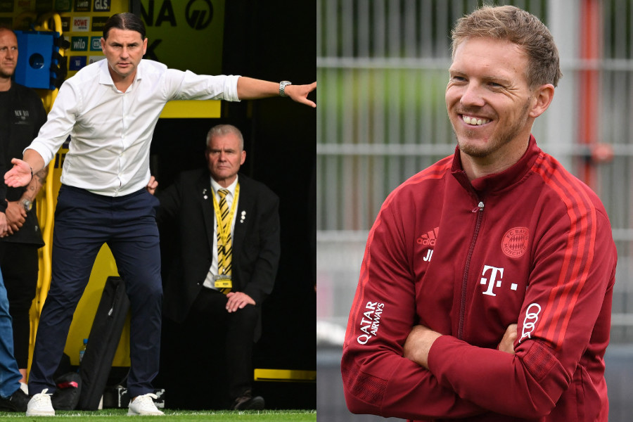 Links gestikuliert Gerardo Seoane, rechts lächelt Julian Nagelsmann