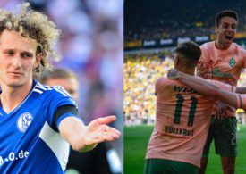 Links ein klagender Schalke-Spieler, rechts jubelnde Werder-Spieler