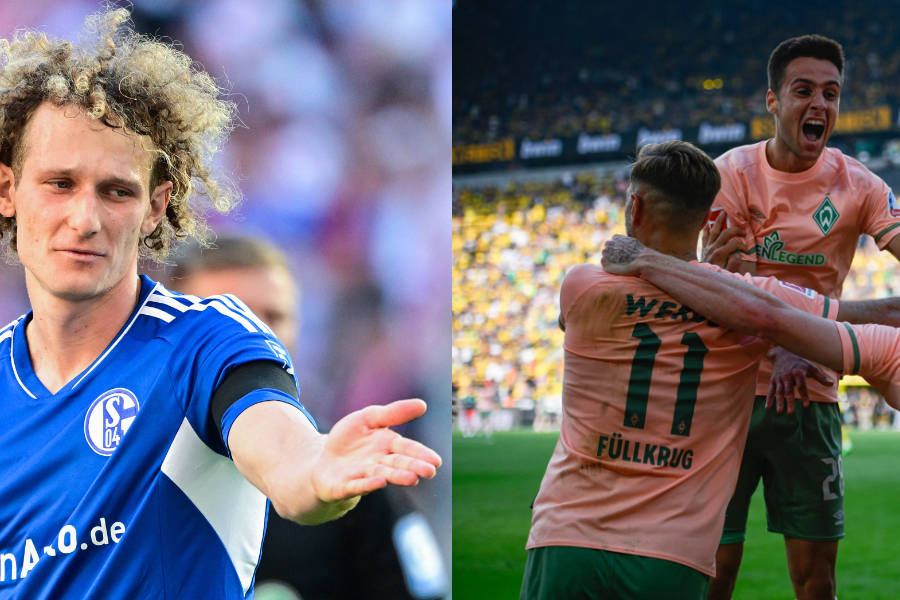 Links ein klagender Schalke-Spieler, rechts jubelnde Werder-Spieler