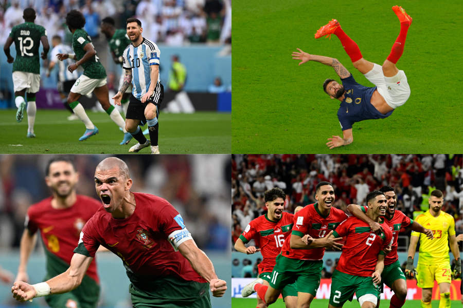 Eine Collage aus vier Bildern mit Szenen der WM 2022