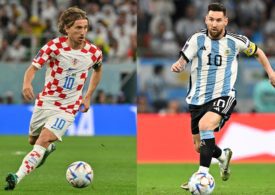 Links der Fußballspieler Messi und rechts der Fußballspieler Modric
