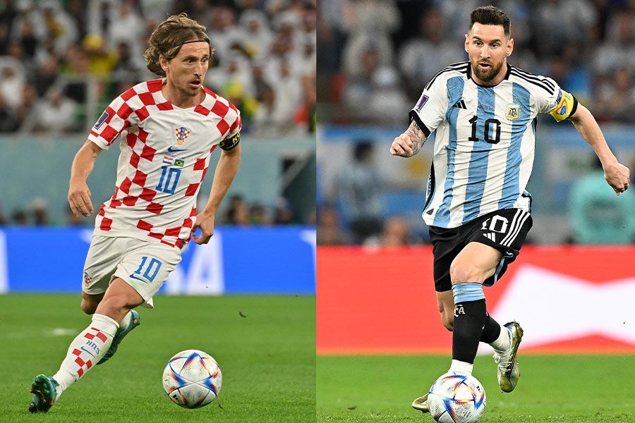 Links der Fußballspieler Messi und rechts der Fußballspieler Modric