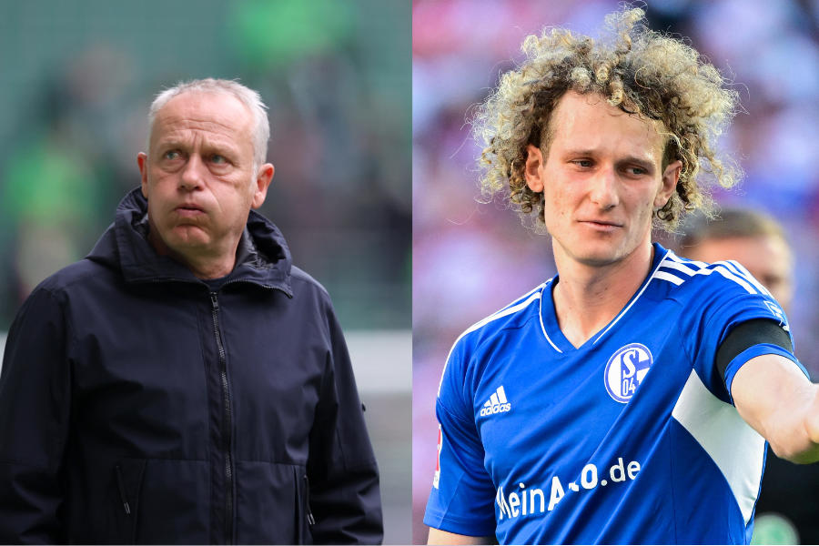 Links Christian Streich in Regenjacke, rechts Alex Kral im Schalke-Trikot